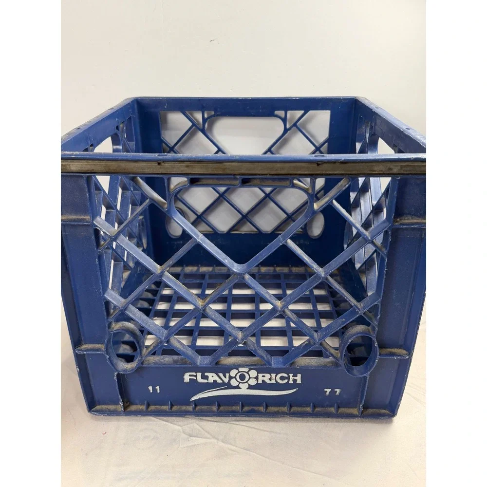 Vintage Flavor-Rich Blue Plastic Milk Crate Metal Rim Industrial Storage 11 77